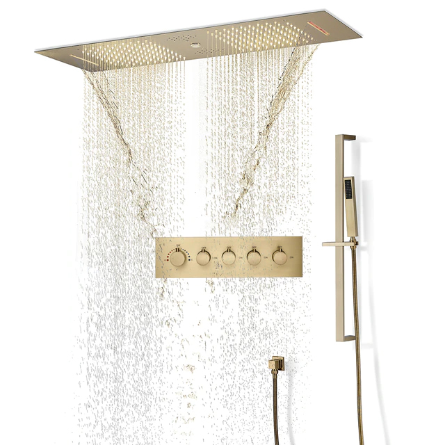 BathSelect Dijon Remote Controlled Brushed Gold Thermostatic Recessed Ceiling Mount Musical LED Rainfall Shower Head System with Hand Shower